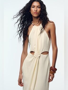 ZARA Yellow Midi Dress w Cut-out, knot detail and beaded halter-neck. M NWT